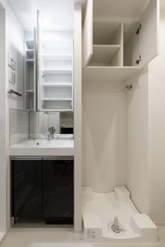 Storage behind washbasin mirror, ‘built-in cupboard above washing machine image